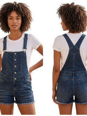 Blue Spice Womens Denim Overall Short Size XL Blue Medium Wash Frayed Hem Button